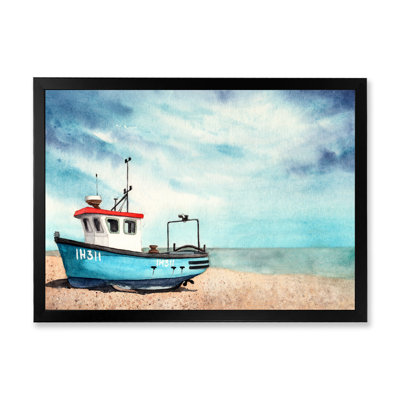 " An Old Blue Boat on a Sandy Beach with Blue Skies " Painting