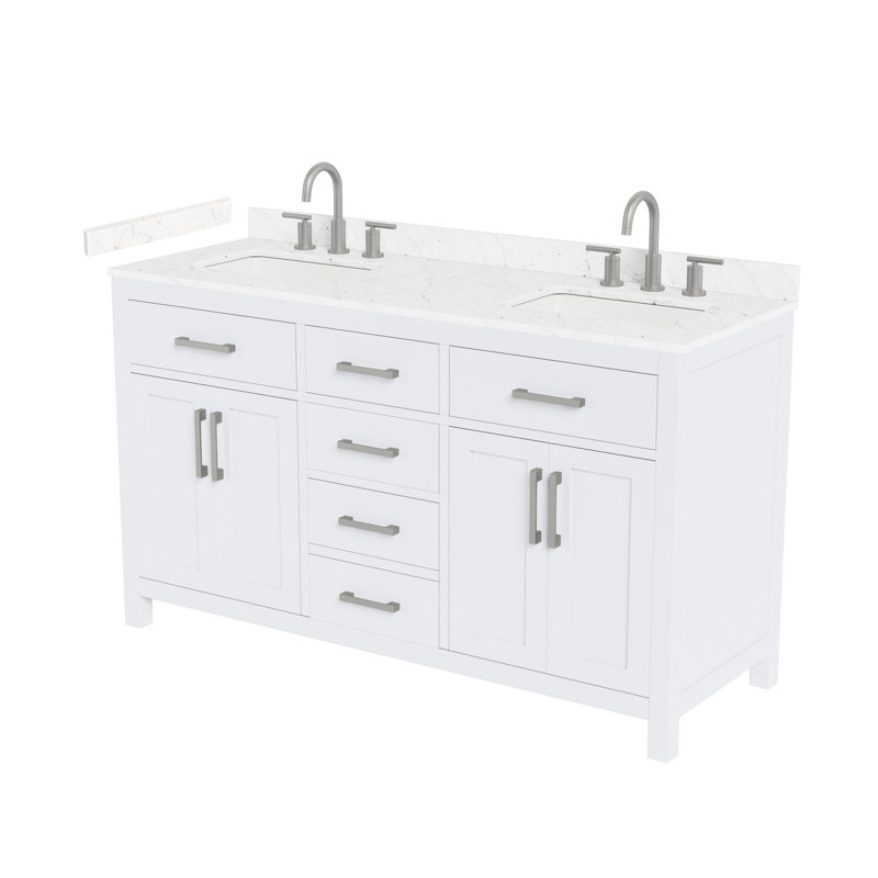Meuble-lavabo double de 60 po Beckett en blanc, comptoir en marbre de culture de Carrare, lavabos carrés encastrés (3 trous), garniture en nickel brossé