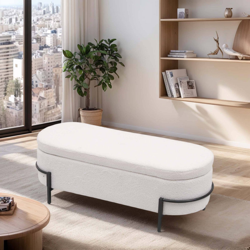 Banc de rangement à couvercle rabattable rembourré, Blanc, crème