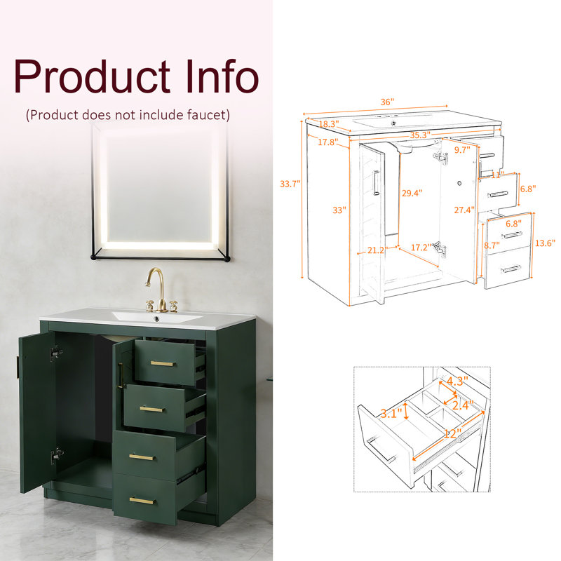 Armoire de meuble-lavabo sur pied 36 po avec lavabo en céramique 36 po - 3 tiroirs, portes à fermeture douce, Vert, Doré