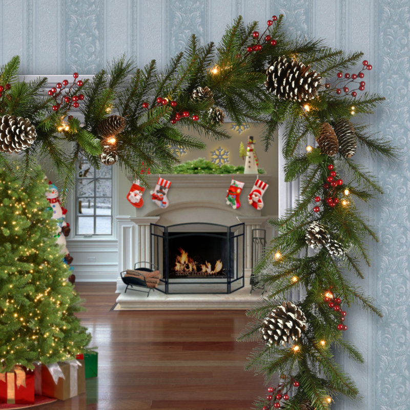 The Holiday Aisle® 9 ft. Bristle Berry Pine Garland with Battery Operated LED Lights