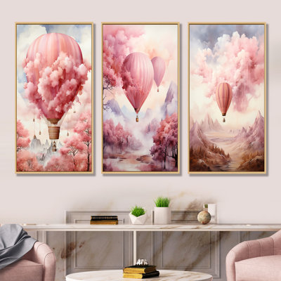 Pink Whimsical Balloon Magic - Hot Air Balloon Wall Art Living Room Set Of 4