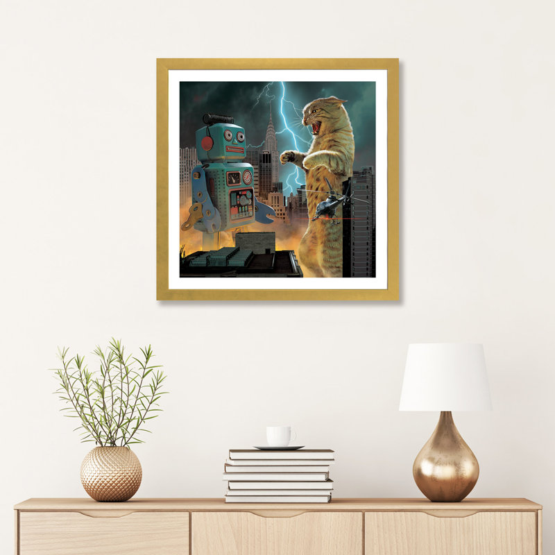 " Catzilla Vs Robot " by Vincent Hie, Gold Framed Paper, 24" H x 24" W x 1" D
