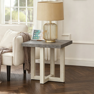 Luno Contemporary End Table, Faux Concrete and White