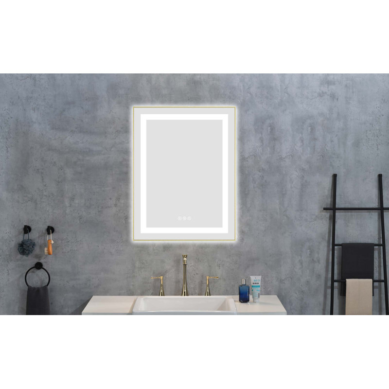 Miroir de salle de bain 20 po x 28 po à DEL avec façade et rétroéclairage, miroir de meuble-lavabo mural avec cadre en aluminium, antibuée, mémoire, 3 couleurs, gradation continue