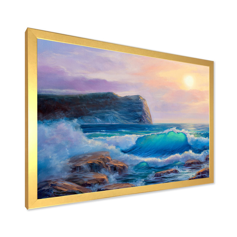 «Blue Waves Breaking At The Beach III», peinture sur toile, Cadre doré, H 24 po x l 32 po x P 1 po