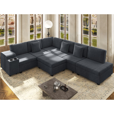 110''W Corduroy Sectional Sofa L-Shaped Convertible Sleeper Sofa Bed With Ottoman And USB Charging Ports