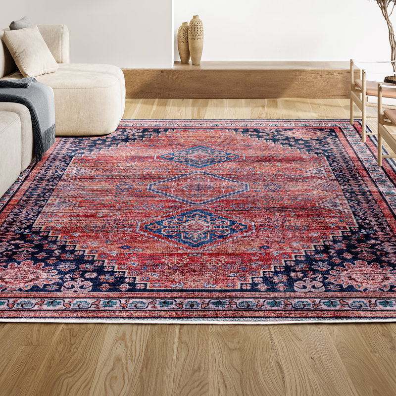 Tapis terre cuite / bleu marine lavable à la machine Lesandra, Rectangle 2 pi 11 po x 5 pi