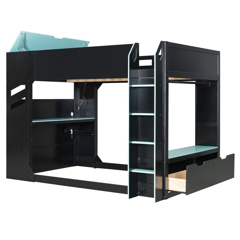 Lit mezzanine en bois pleine grandeur avec bureau réglable en hauteur, tiroirs, compartiments de rangement, tringle et lumières RVB