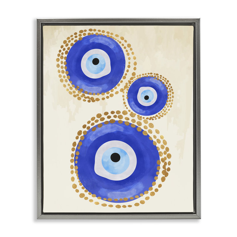 Motif rond de mauvais œil bleu, H 31 po x l 25 po, Cadre flottant gris lustré