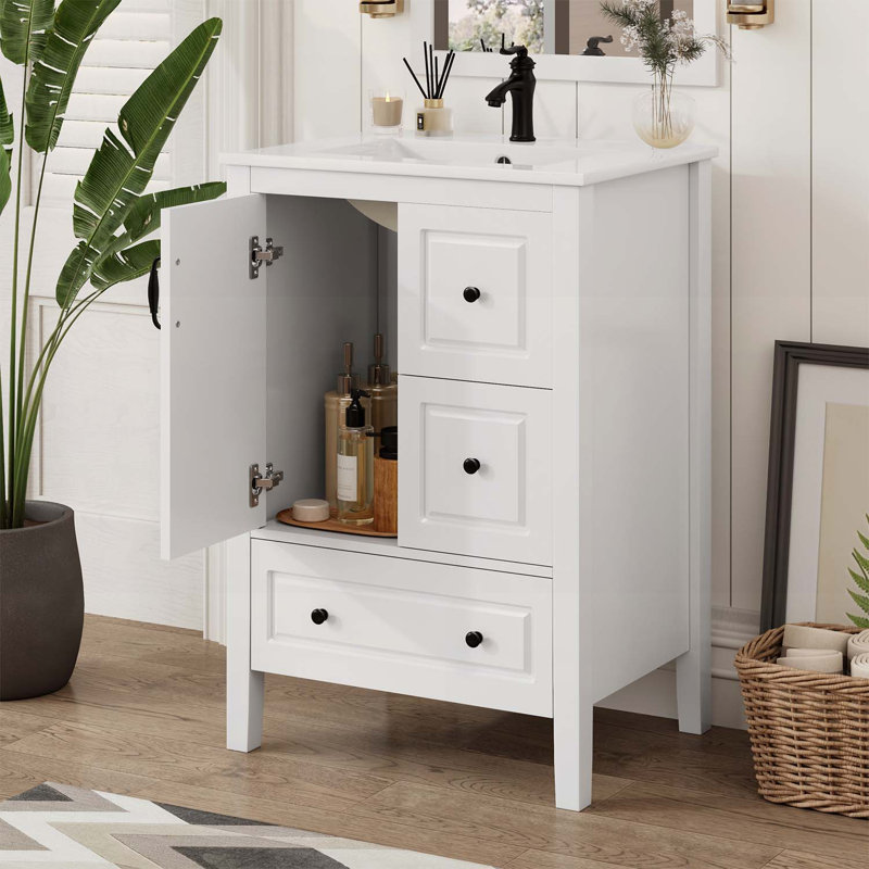 Meuble-lavabo 24 po avec lavabo, tiroirs à fermeture douce, armoire, poignées en métal rétro, Blanc