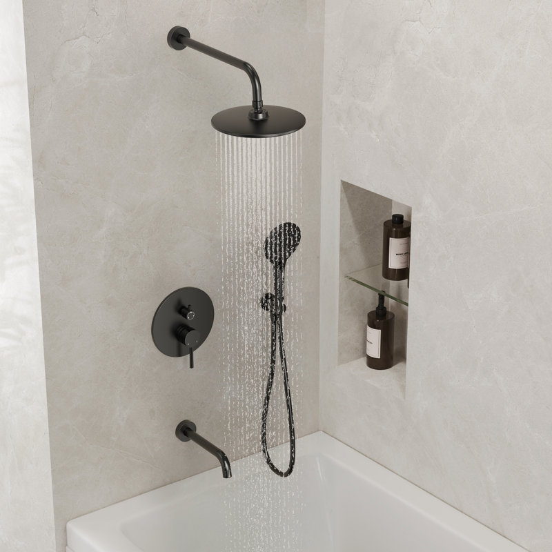 Tub and Shower Faucet Set with 9" Rainfall Shower Head and 3‑Setting Handheld Shower, Valve Included, Matte Black