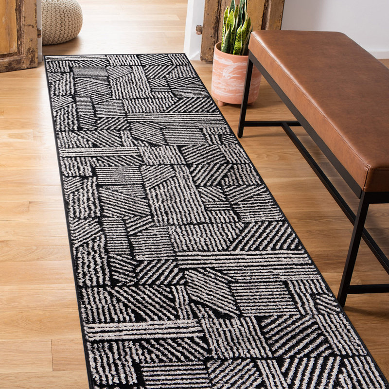 Rambo Geometric Black/Ivory Area Rug, Runner 2'7" x 10', Black