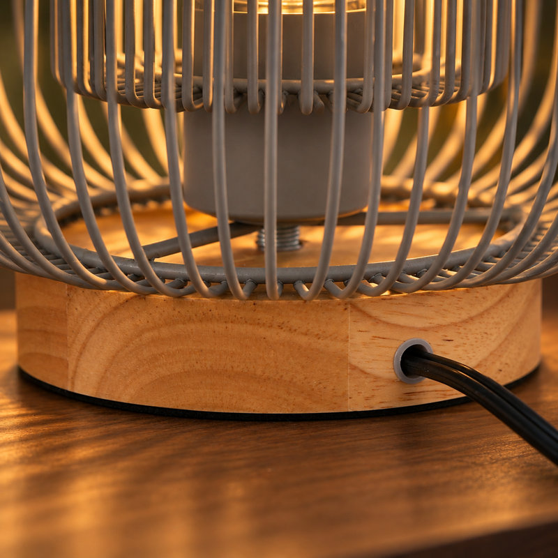 1-Light Dimmable 7.6" Small Metal Cage Table Lamp with Wood Base