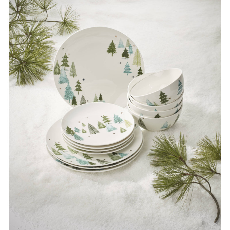 Balsam Lane 12-Piece White Porcelain Holiday Dinnerware Set