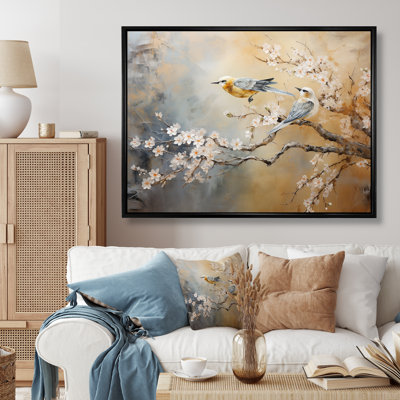 Or doré et gris sur un arbre floral I - oiseau, art mural