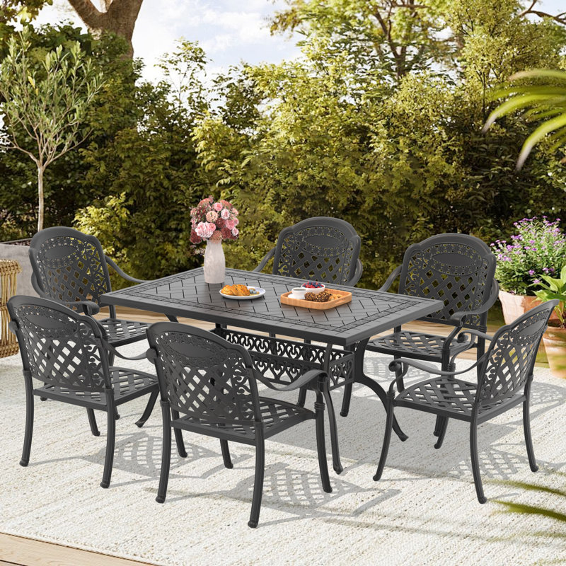 6-Person Patio 59.06" L Rectangle Dining Set with 6 Stackable Chairs, Red Cushions