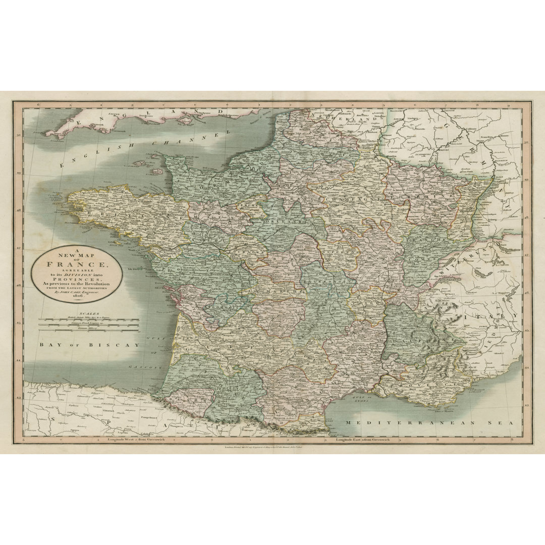 Leinwandbild Vintage Map of France von John Cary