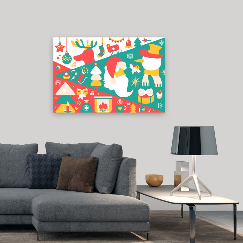 Jolly Christmas Elements Abstract Contemporary Christmas Tree Winter Landscape Wall Art Print 1 Piece Wrapped Canvas Wall Art