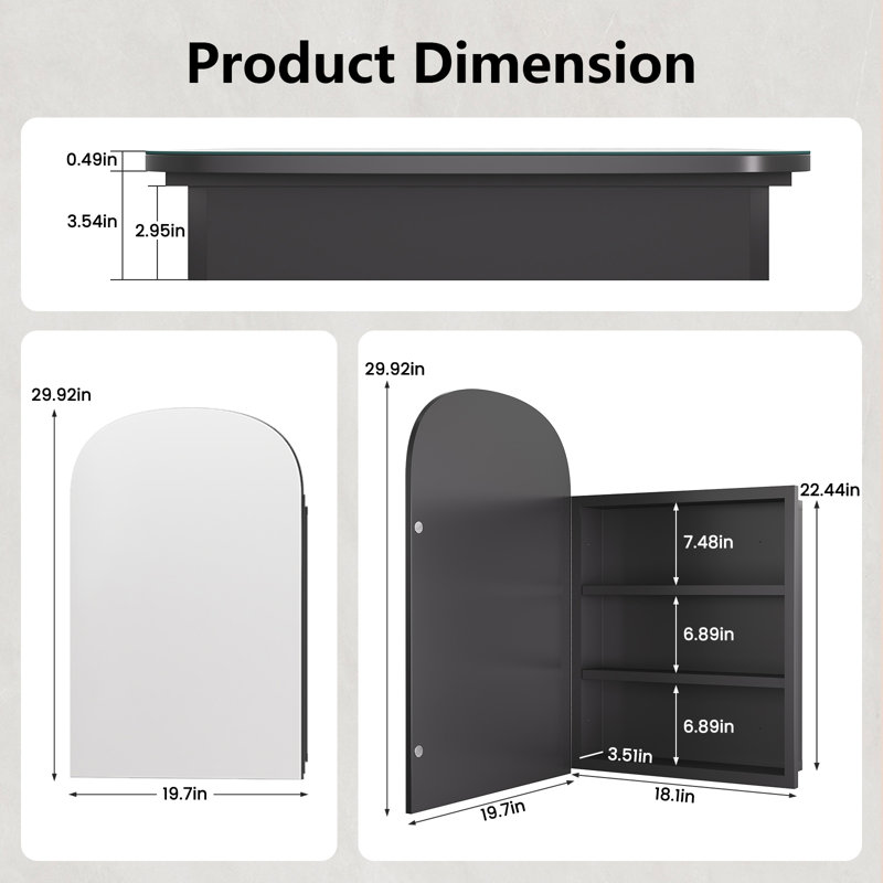 Armoire à pharmacie de salle de bain arquée 20 po x 30 po avec miroir - Miroir mural moderne avec rangement (encastré ou en surface), structure en métal noir - facile à installer, fabrication robuste