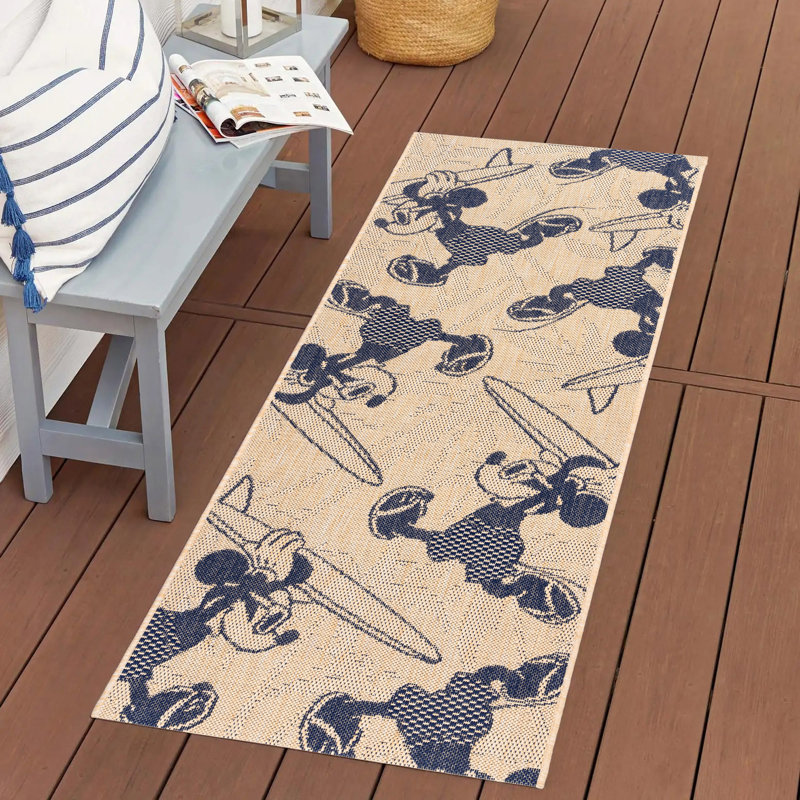Disney Mickey Mouse Surfing Waves Navy Blue/ Beige Flatweave Indoor/ Outdoor Area Rug, Runner 2'2" x 6'