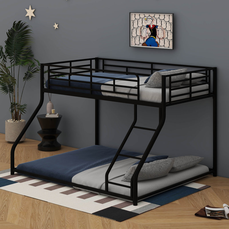 Twin XL Over Queen Bunk Bed With Ladder & Safety Guardrail, Metal Floor Bunk Bed
