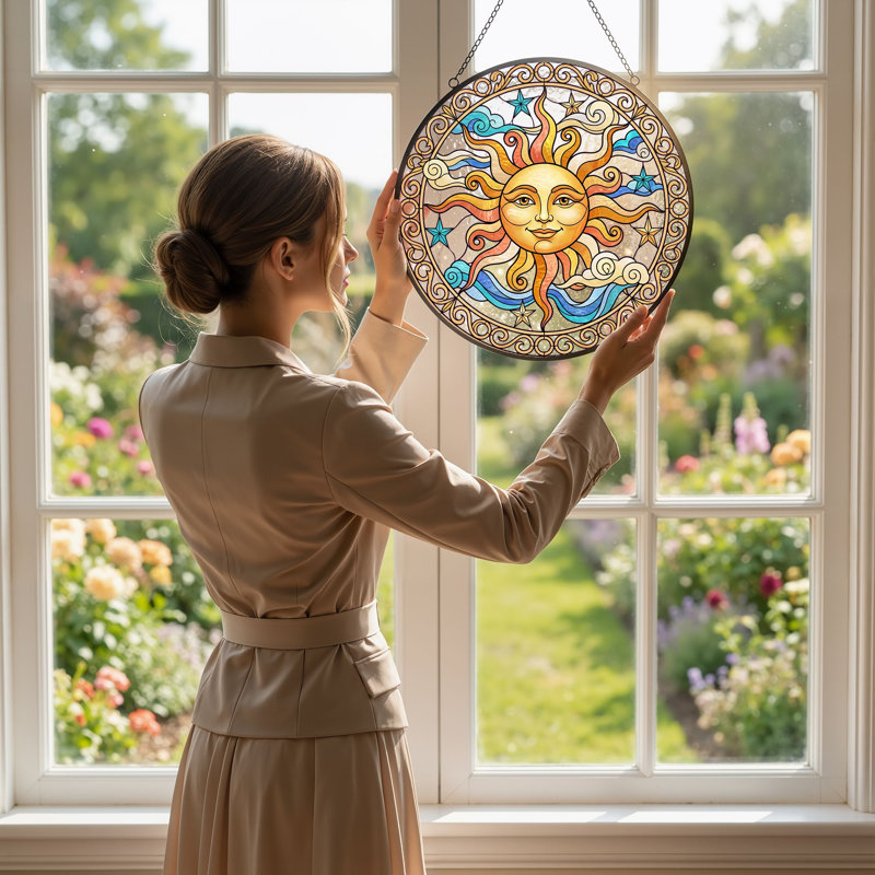 Panneau de vitrail Sun Face ， 7,8H, 7.8"H