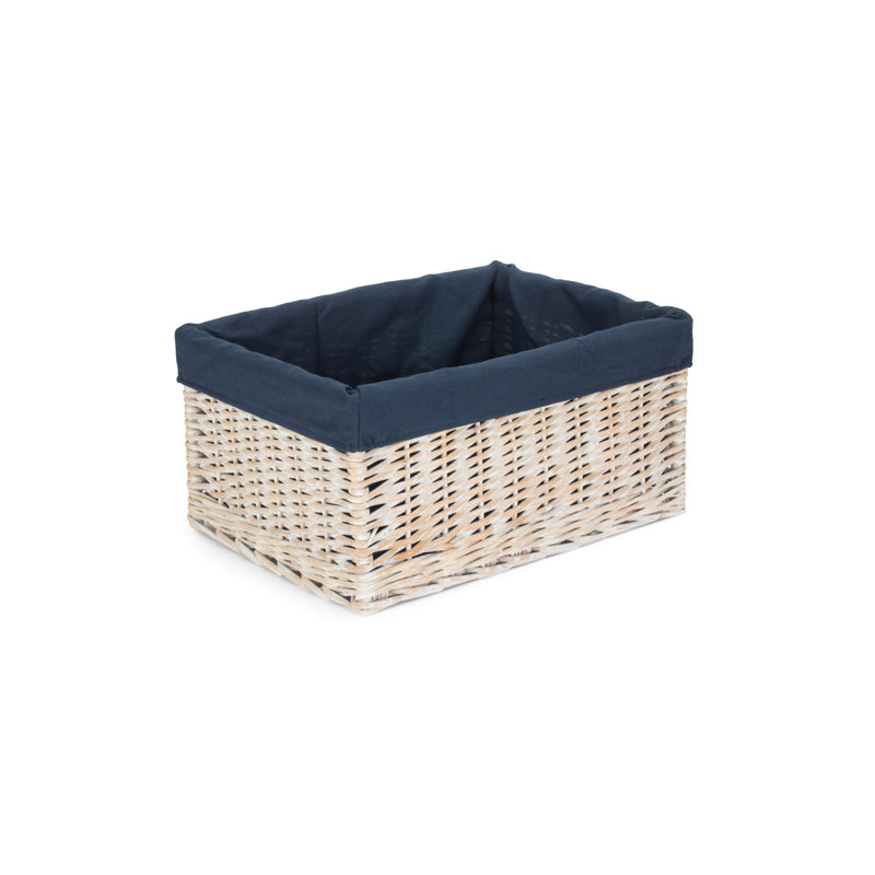 Lily Manor Wicker Storage Basket with Lining , 23cm H x 47cm W x 34cm D, White Wash/Navy