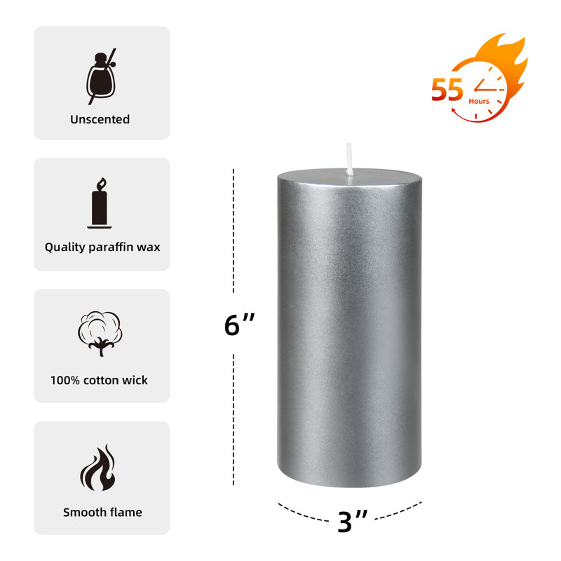 Bougie pilier sans parfum sans paraffine sans fumée, H 6 po x D 3 po, Argent métallique, 1 bougie