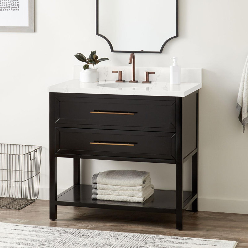 36" Robertson Single Bathroom Vanity Set with Oval Undermount Sink, 8" Widespread, Feathered White Quartz, Black