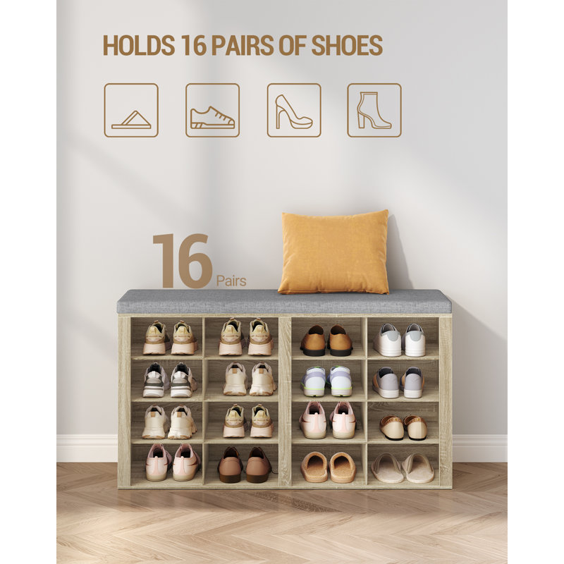 Shoe Storage Bench with Padded Seat, Shoe Rack Bench with 16 Open Compartments, Adjustable Shelves, Shoes Cabinet with Cushion for Hallway, Living Room, Bedroom, Entryway 