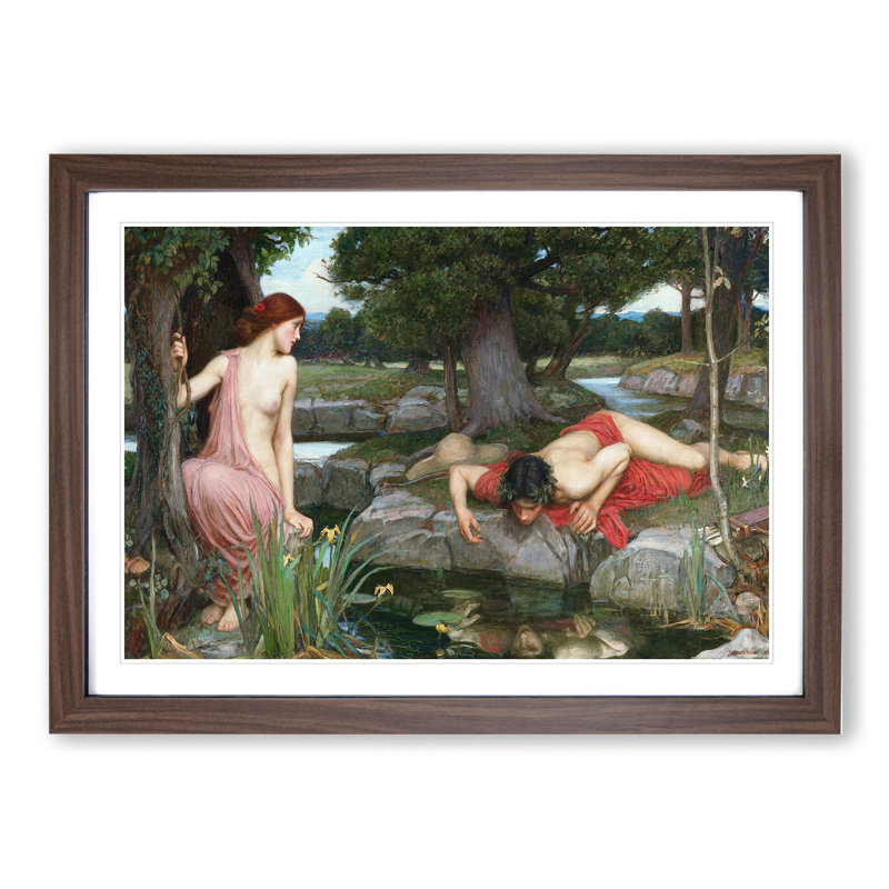Echo and Narcissus by John William Waterhouse - Picture Frame Painting on MDF, 27cm H x 36cm W x 2cm D, Walnut Framed