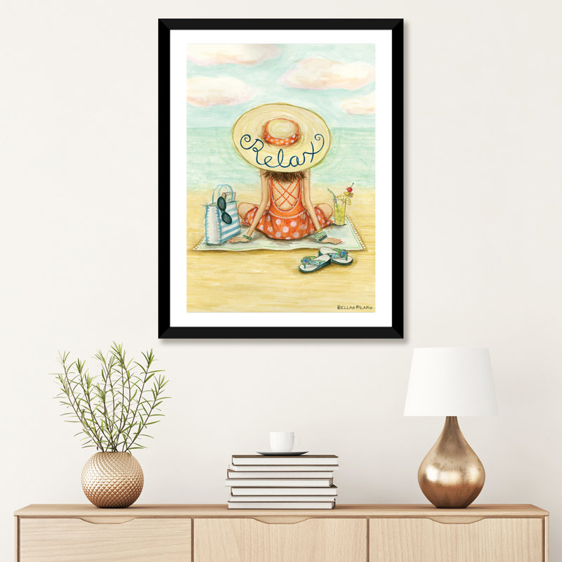 «Relaxing on Beach Relax Hat» par Bella Pilar, impression, H 32 po x l 24 po x P 1 po, Papier encadré noir