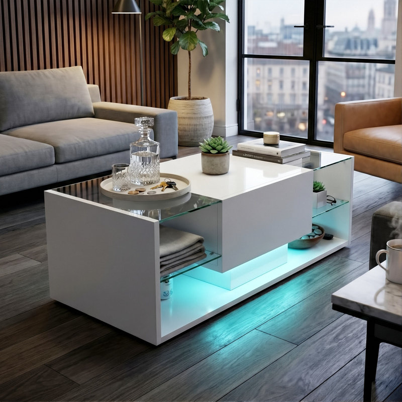 Solid Coffee Table with Storage, White
