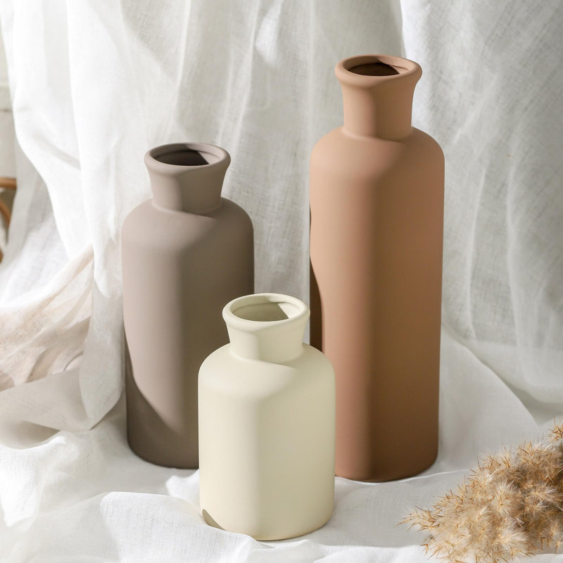 Ensemble de 3 vases en céramique, Brun, gris, beige