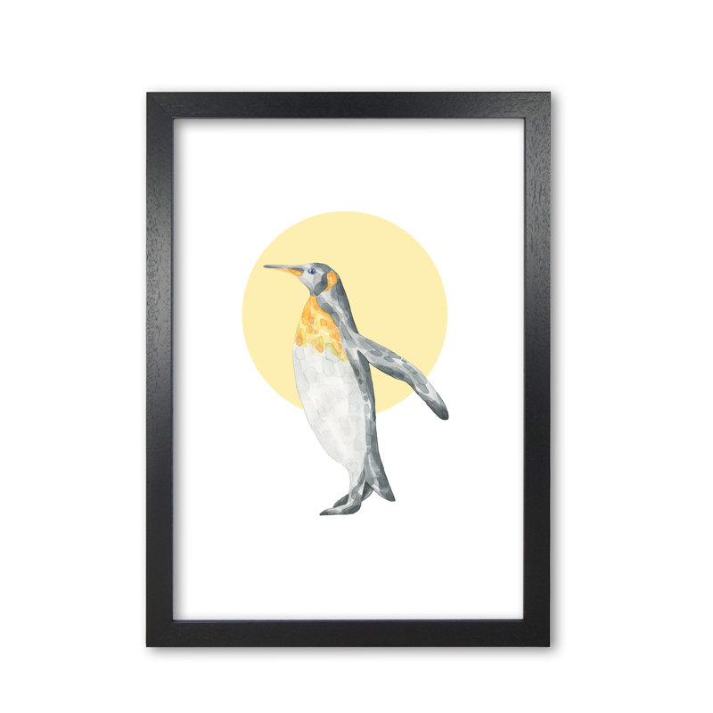 Watercolour Penguin With Yellow Circle - Painting, Black Grain Frame, 30 cm H x 21 cm W x 5 cm D