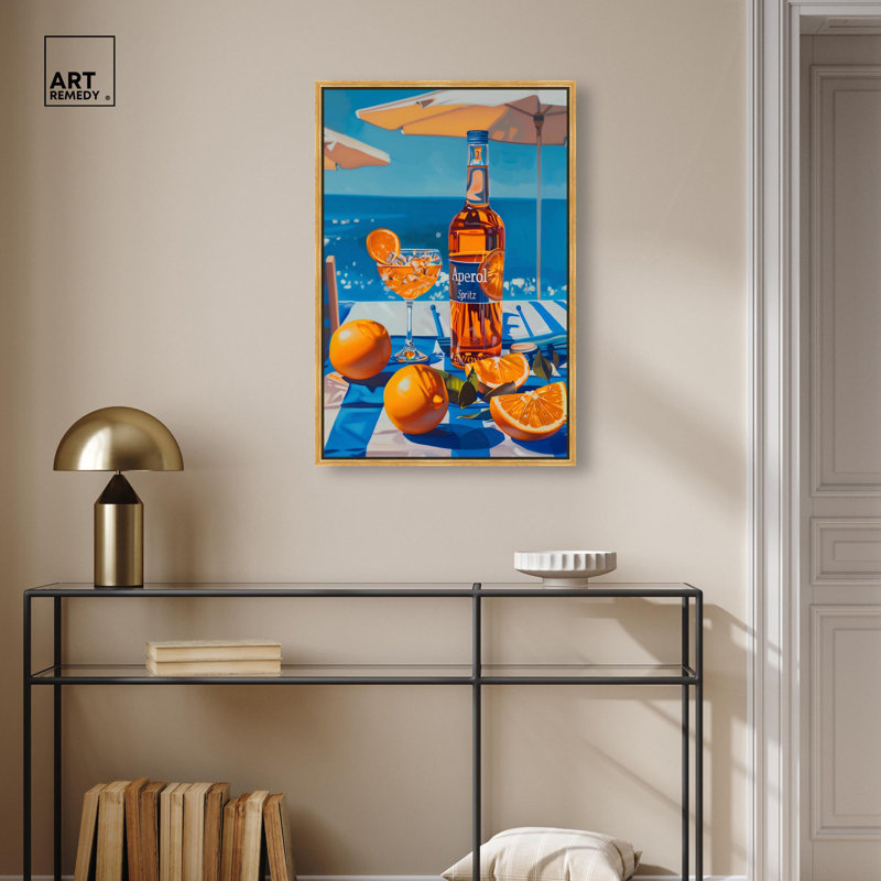 «Coastal Aperol» par Art Remedy, H 31 po x l 21 po, Cadre flottant, Doré