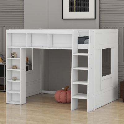 Wooden Loft Bed With Storage Cabinets And Shelves