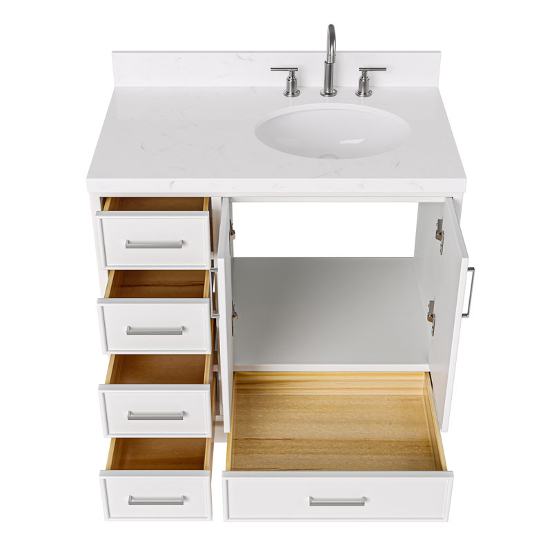 Ensemble de meuble-lavabo simple 36,25 po avec plateau en quartz Abshire, Blanc, Nickel brossé