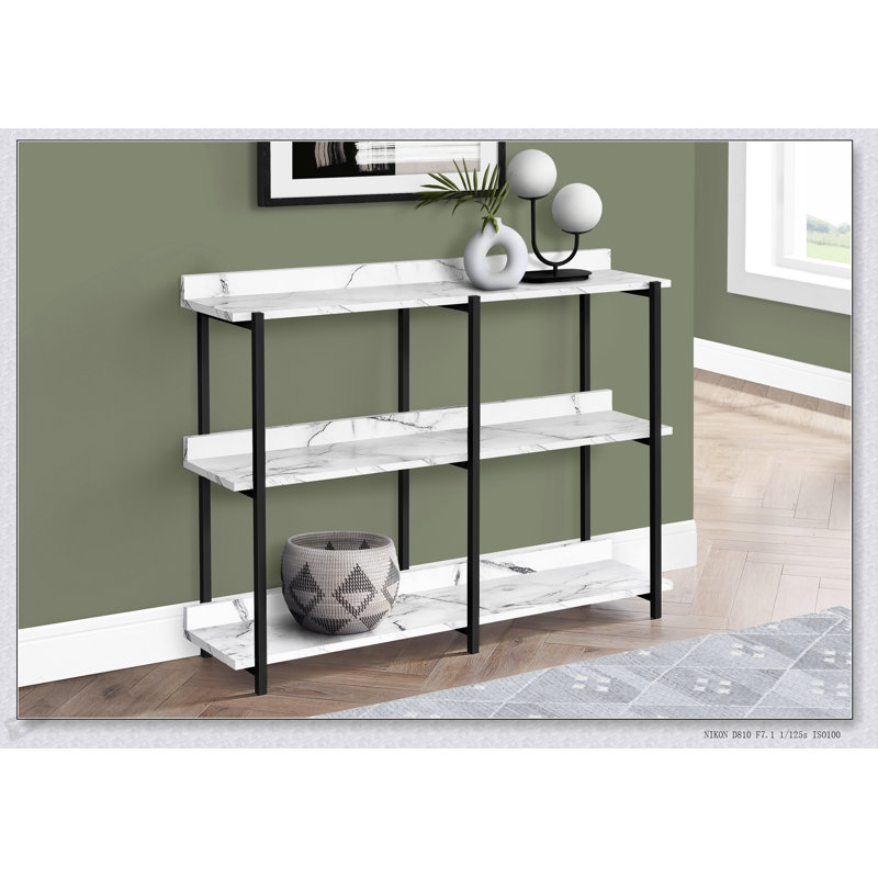 Élégante console étroite avec stratifié d'aspect marbre et structure en métal durable pour les entrées modernes, Noir