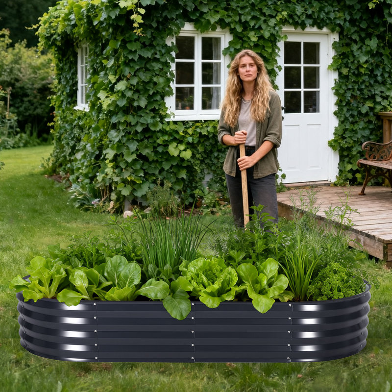 Galvanized Steel Raised Garden Bed with Cover, 6 ft x 3 ft x 1 ft, Oval Planter Box with Zippered Screen Doors, Open Base Design for Vegetables & Flowers