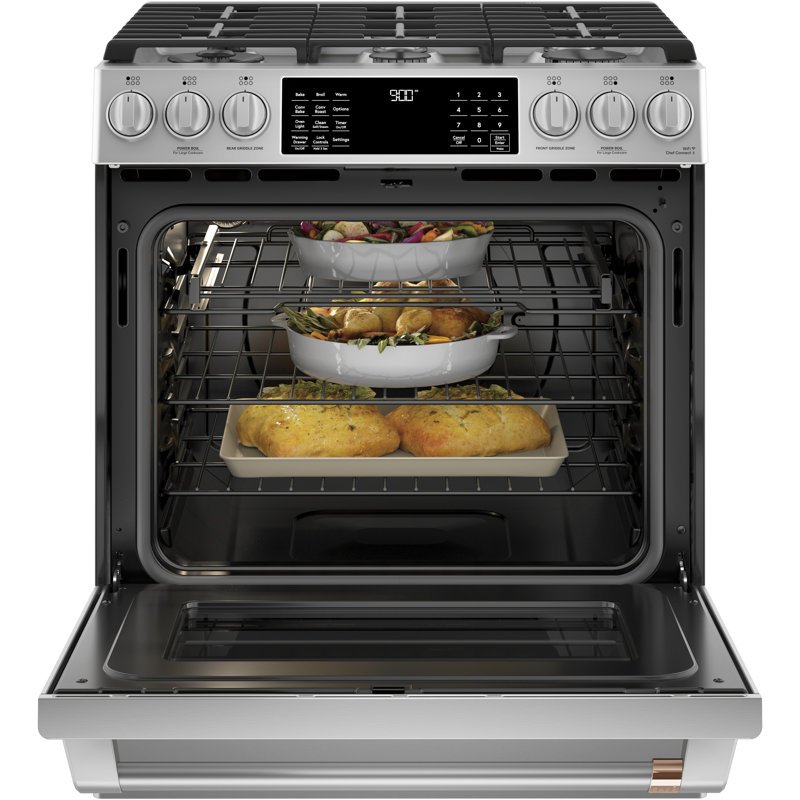 Café 30" 5.7 cu. ft. Smart Slide-in Dual Fuel Range with Griddle and Grill, Stainless Steel/Brushed Stainless