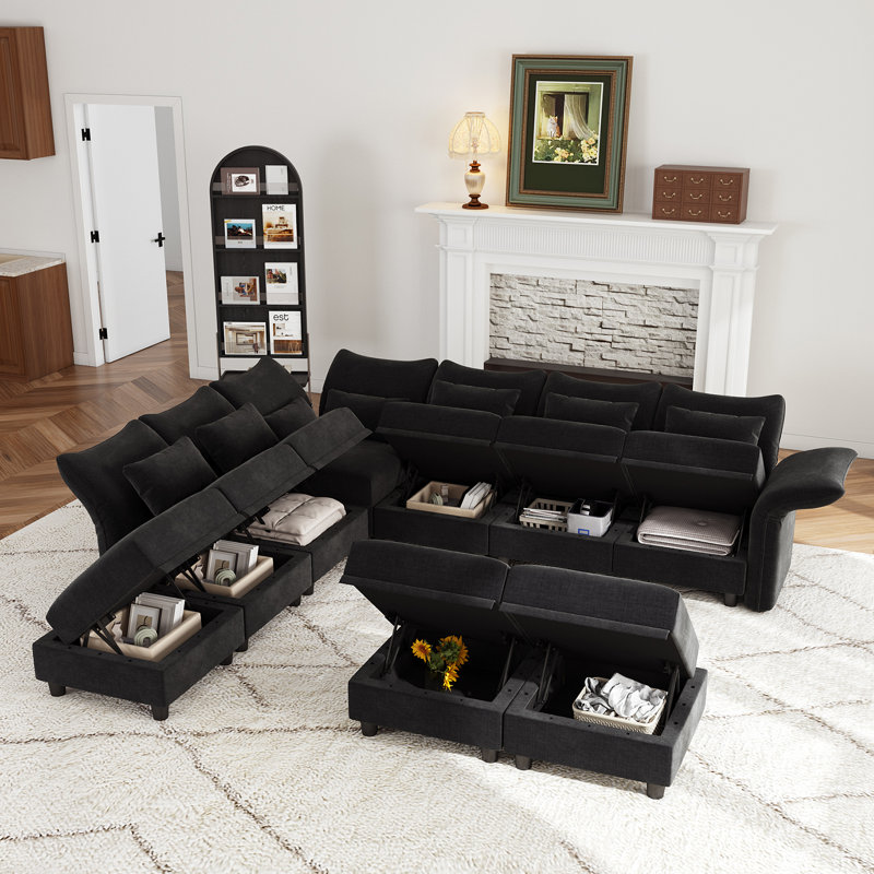 Caralina Upholstered Reclining Sectional Reversible, Black Microfiber/Microsuede