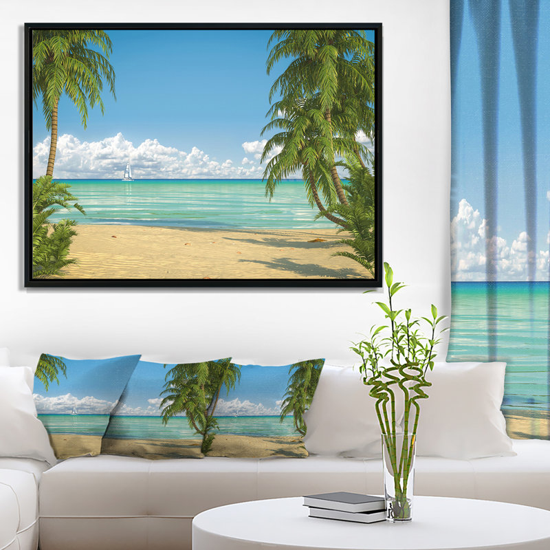 "palmiers à caraïbes beach" , reproduction de photo encadrée sur toile tendue mer, H 28 po x l 60 po x P 1,5 po
