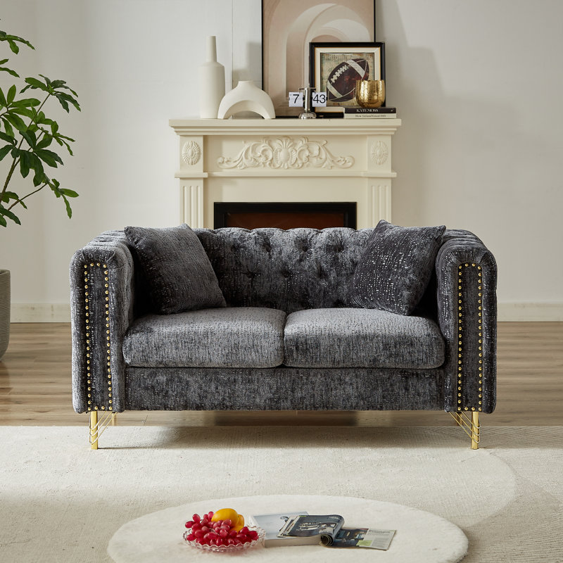 LUSPAZ Chesterfield Sofa, Button Tufted With Copper Nailhead Trim, Metal Legs, Modern Design, Beige Chenille