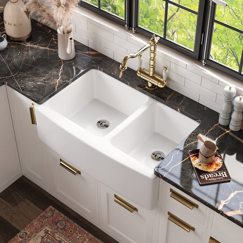 Eclipse 33" X 21” Double Bowl 60/40 Ceramic Farmhouse Kitchen Sink With Sink Grid And Basket Strainer