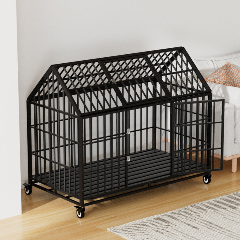 54/48 Inch Heavy Duty Dog Crate Large Dog Cage Strong Metal Dog Kennels And Crates For Large Dogs Top Open With Wheels 2 Removable Trays