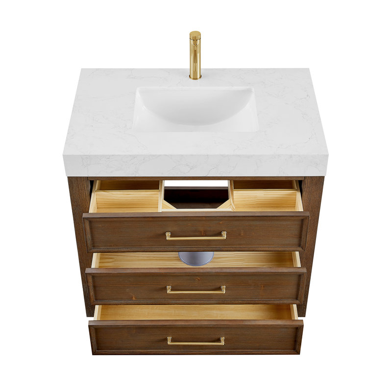 Meuble-lavabo simple Frederica de 91 cm (36 po) en brun vieilli épicéa avec comptoir en pierre composite et miroir, Blanc, Or