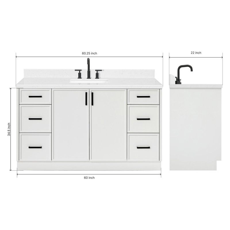 Meuble-lavabo à simple cuve ARIEL Kelly avec comptoir en quartz de Carrare, Forme rectangulaire, Blanc, 60"
