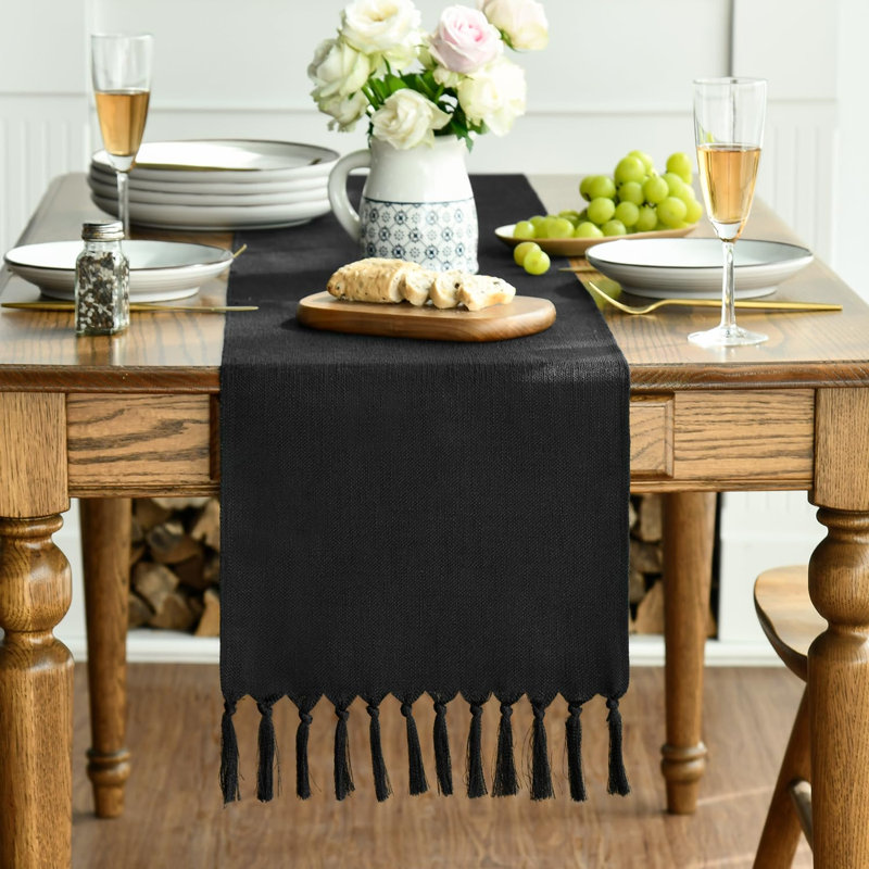 Boho Rustic Tassel Table Runner 33x183cm, Kitchen Dining Table Decoration Wedding Holiday Party Decor, Black